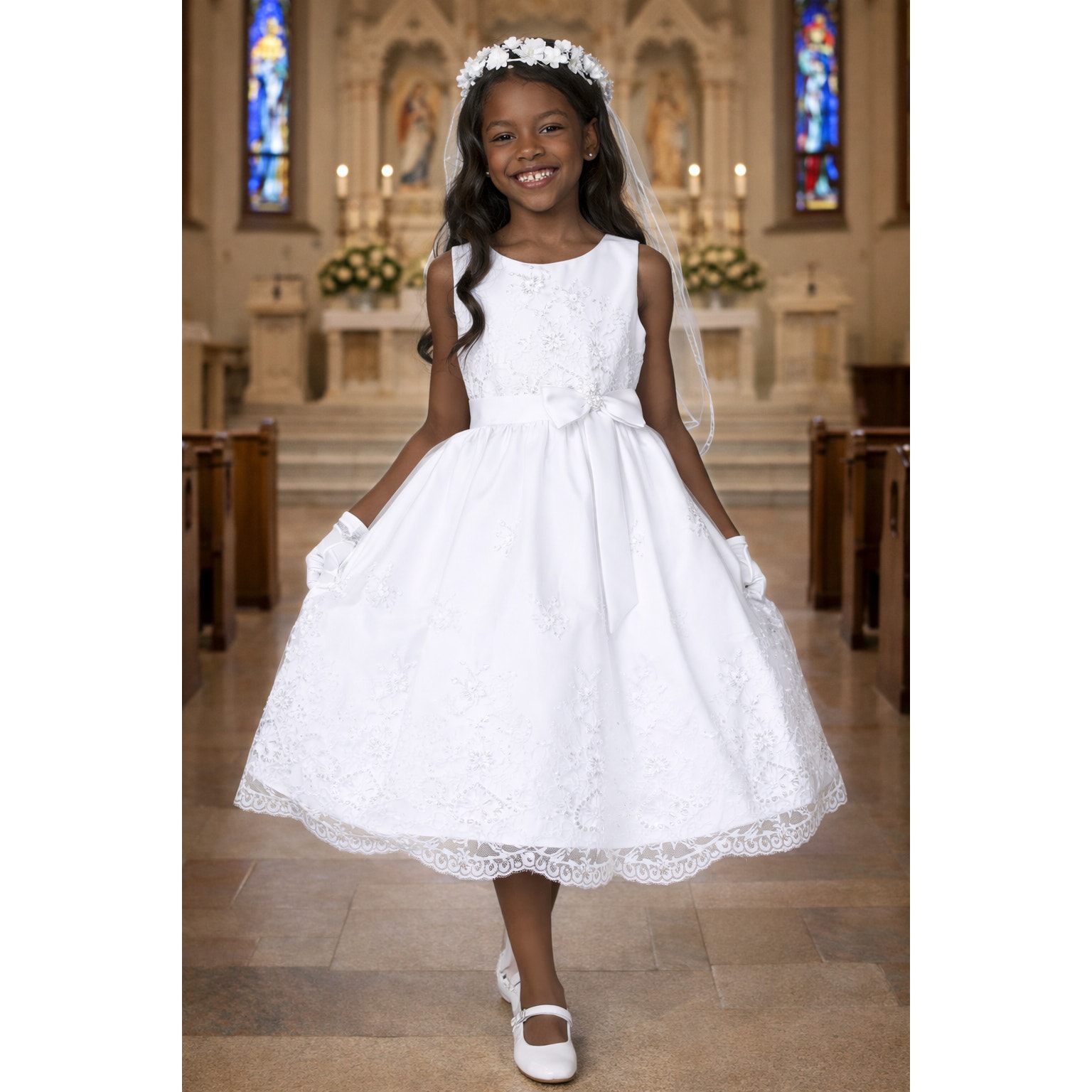 New Girls First Holy Communion Dress Size 8x - Emb Tulle Tea-Length Sequins